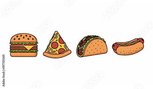 Minimal fast food icon collection with burger pizza taco and hotdog vector illustrations for menu design
