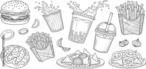 Fast Food Hand Drawn Illustration Set with Burger, Fries, Bubble Tea, Nachos, Donut, and Snacks in Outline Style for Menu, Packaging, and Restaurant Design