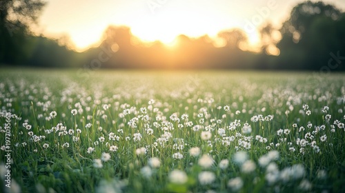 Vibrant Spring Meadow with Dandelions and Wildflowers at Sunset, Capturing Nature s Tranquility