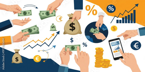Financial Transactions and Investment Concept Set with Hands Exchanging Money, Growth Charts, Coins, and Mobile Banking in Flat Style for Business and Finance Design