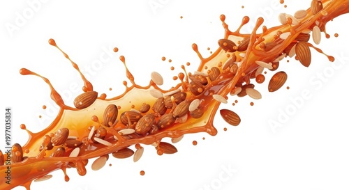 Dynamic almond milk splash with whole nuts, creamy brown liquid wave with flying almonds, organic nut milk explosion for food packaging isolated on White Background