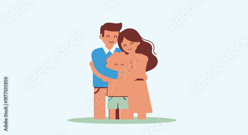 Happy Family Hugging Illustration Parents and Child Embrace in a Warm, Loving Scene