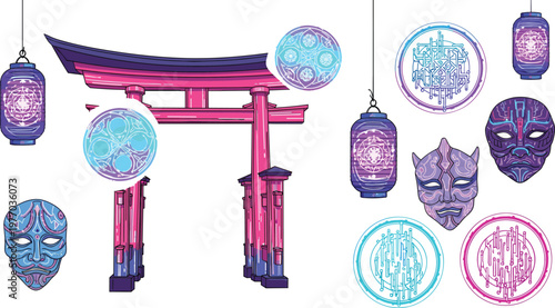 Japanese Neon Torii Gate with Lanterns, Masks and Futuristic Symbols Illustration, Cyberpunk Asian Culture Elements Vector Design Collection