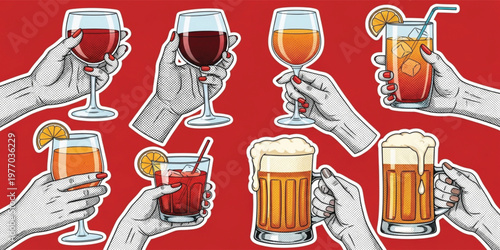 Hands Holding Drinks Illustration Set with Wine Glasses, Beer Mugs, and Cocktails in Pop Art Style for Party, Celebration, Bar Menu, and Beverage Design