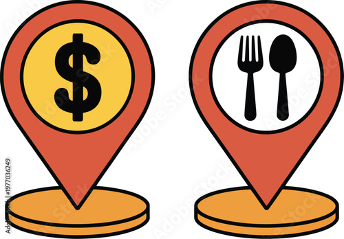 Payment and restaurant location pin icon set, isolated flat vector illustration featuring map markers with dollar signs and food symbols for navigation and app interface graphics.
