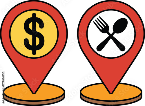 Payment and restaurant location pin icon set, flat vector map marker navigation symbols with dollar and food icons for digital maps and user interface design.