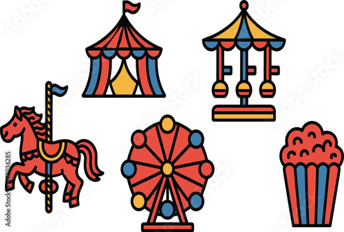 Colorful carnival with tent, carousel, ferris wheel, horse, and popcorn vector illustration EPS PNG file