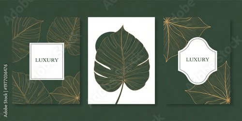 Luxury Botanical Background Set with Elegant Gold Line Tropical Leaves, Minimalist Premium Design Templates, Natural Foliage Branding, Modern Vector Illustration Collection