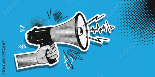 Marketing Communication Concept with Megaphone and Sound Waves, Announcement, Promotion Message, Advertising Campaign, Loudspeaker Pop Art Vector Illustration Design