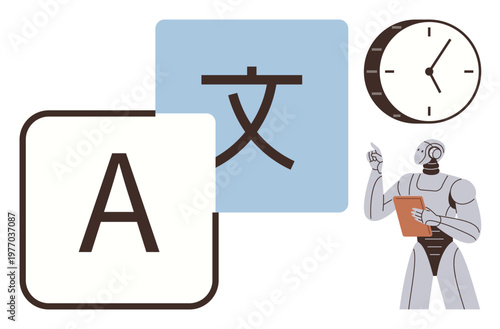 Language learning, AI assistance, time management, technology education, multilingual communication, efficiency ideas. Robot holding a clipboard beside language symbols and clock. Language learning