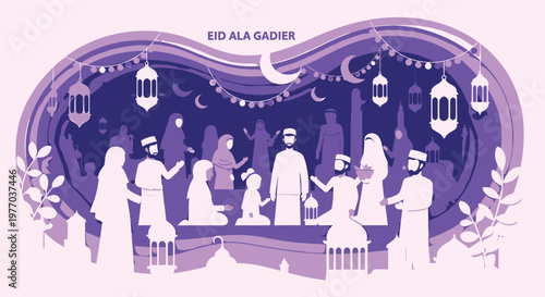 Eid Al Ghadir celebration illustration with family gathering and lanterns in purple tones