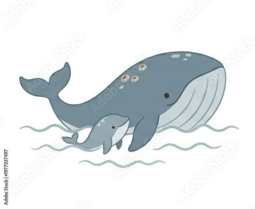 Cute whale mother and baby swimming in the ocean, adorable cartoon whale character flat vector