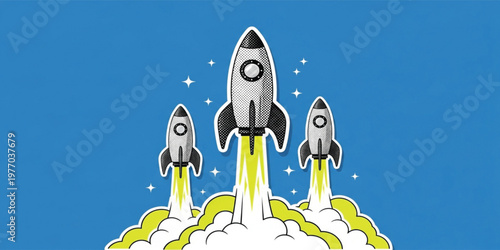 Retro Pop Art Rocket Launch Illustration with Three Spaceships Taking Off, Smoke Clouds and Stars, Futuristic Space Exploration Concept Background Design