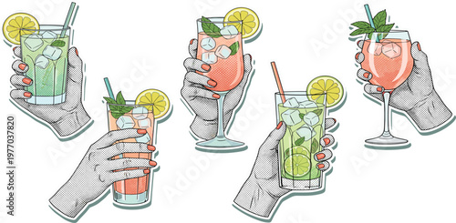 Refreshing Summer Cocktail Drinks in Hand Drawn Style with Citrus Garnish, Ice Cubes, and Trendy Beverage Illustrations for Bar, Menu, and Social Media Designs