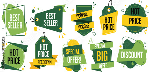 Sale Badge and Discount Label Set with Best Seller, Hot Price, Special Offer, and Promotional Tags in Modern Flat Style for Retail Marketing Design