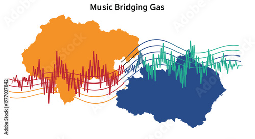Abstract visualization of music bridging two landmasses represented by sound waves