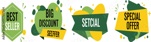 Sale Promotion Labels with Best Seller, Big Discount, and Special Offer Tags in Modern Flat Style for Retail Marketing, E Commerce, and Advertising Design