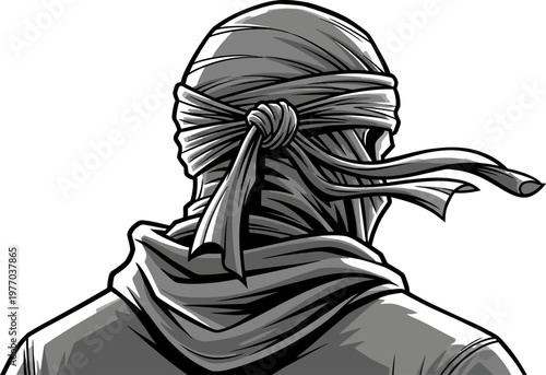 A person with their head and face wrapped in cloth