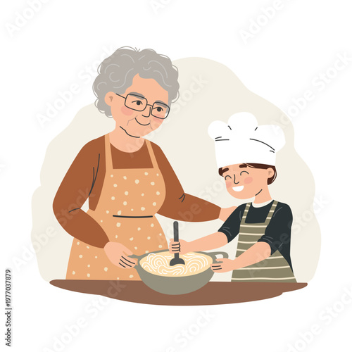 Grandmother Teaching Grandson Cooking in Kitchen. Flat Vector Illustration