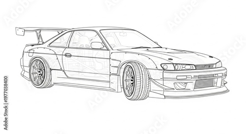 Detailed Sketch of a Sportscar with Spoiler and Wide Body Kit.