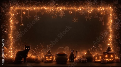 Spooky Halloween scene with glowing pumpkins, black cats, and festive decorations for a festive atmosphere.