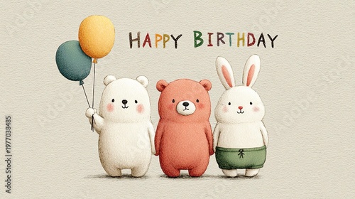 Cute animals celebrating a birthday with balloons, perfect for party invitations and cheerful greetings.
