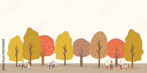 紅葉の公園背景イラスト 秋の散歩シーンと人物のある横長素材
