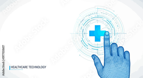 Innovative healthcare technology concept with a digital cross symbol and a wireframe hand interacting with the interface on a white background