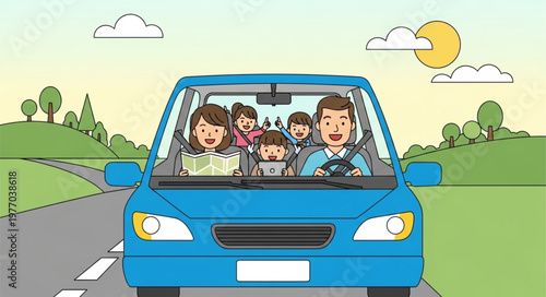Happy Family Traveling Together in a Blue Car on a Sunny Day.