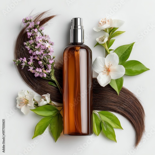 A hair care product surrounded by flowers and leaves, emphasizing natural beauty and wellness.