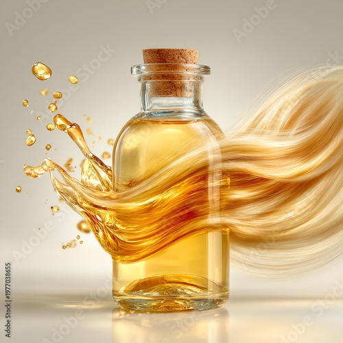A dynamic splash of golden liquid from a bottle, symbolizing freshness and vitality in beverages.