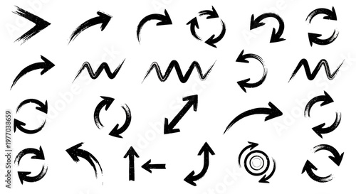 Collection of Grunge Brush Stroke Arrows and Circular Arrows, symbolizing direction, movement, and transition