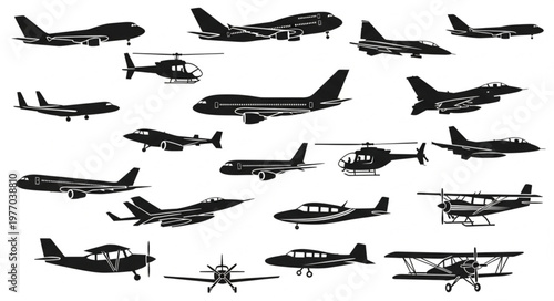 Collection of Silhouetted Aircraft and Helicopters.