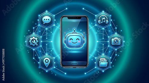 Smartphone displaying a friendly AI chatbot surrounded by a network of service