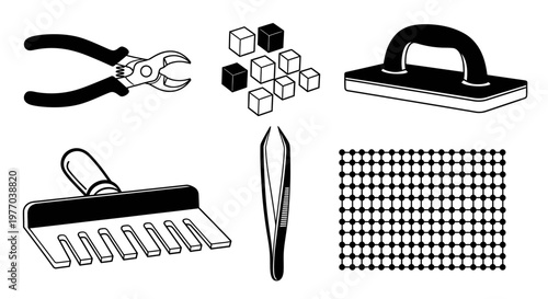 Collection of DIY and construction tools including pliers, trowels, and brushes for home improvement projects