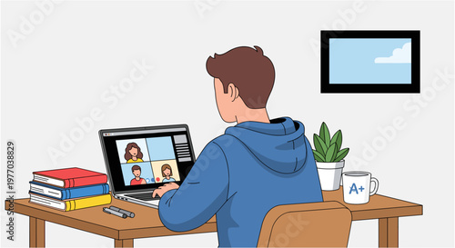 Man in blue hoodie working remotely on laptop with video call on screen in modern home office for business or education