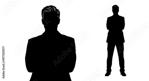 Bold black silhouettes of two men on a white background, symbolizing professional identity, corporate leadership, and anonymous representation in modern business contexts
