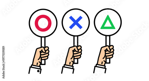 Decision Making Concept With Three Hands Holding Signs Of Circle Cross And Triangle Symbols