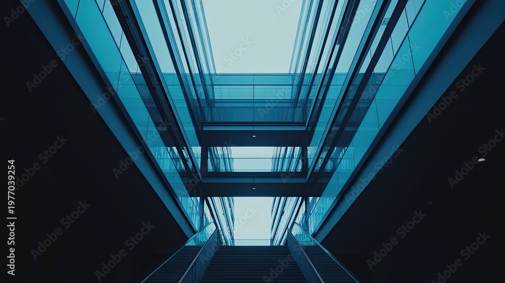 Obraz premium Modern architectural interior with sleek glass surfaces and symmetrical lines, creating a sense of growth, connection, and a futuristic environment for business and innovation