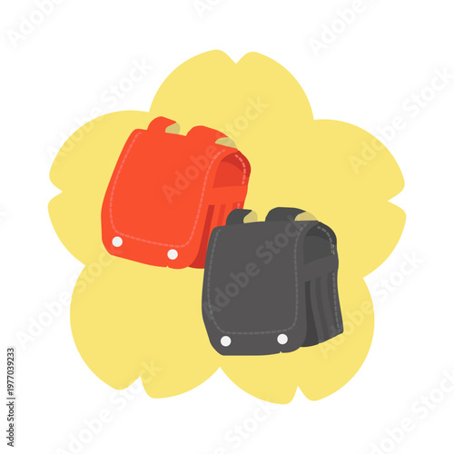 赤と黒色のランドセルと黄色の桜　イラスト