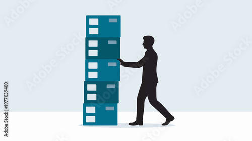 A silhouette of a businessman pushing a stack of filing cabinets across the floor in an office setting.