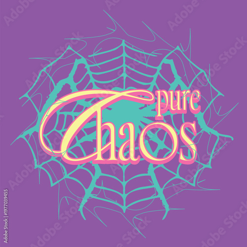Yellow 'Pure Chaos' Typography with Pink Outline, and Cyan Spider and Tribal Style Circle Decoration at Behind, Witchy High Contrast Style