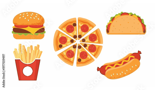 Modern fast food vector illustration set with burger pizza taco and hotdog isolated on white background