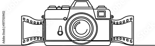 Tableau sur toile Black and white illustration of a camera with film strips