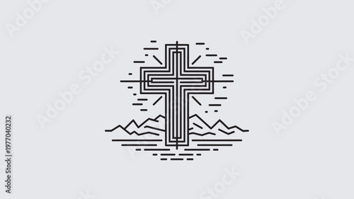A stylized cross symbol with geometric lines and mountain landscape in black and white