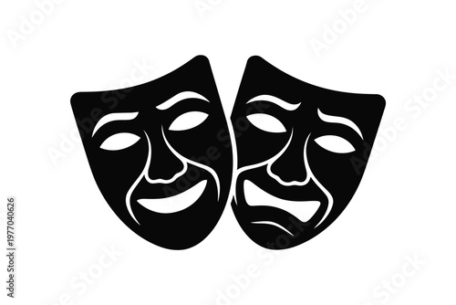 A black and white illustration of comedy and tragedy masks