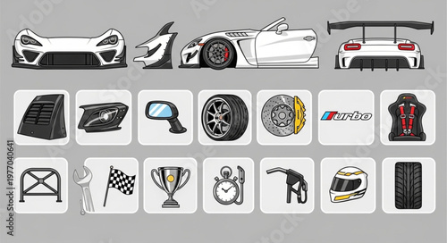 Collection of Sports Car Parts and Racing Accessories.