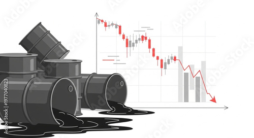 Oil barrels with falling stock market graph symbolizing price drop.