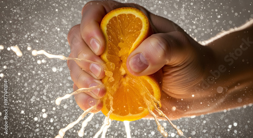 Hands squeeze an orange, causing a spray of juice droplets