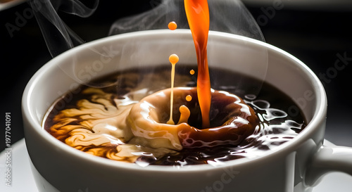 Dark coffee is poured into a mug, swirling with cream.